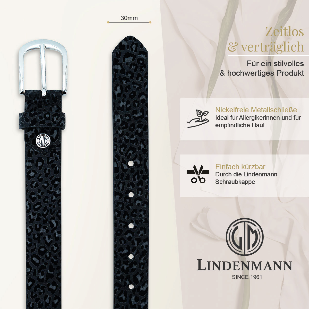 LINDENMANN Rindleder Damengürtel Schwarz mit Leopardmuster