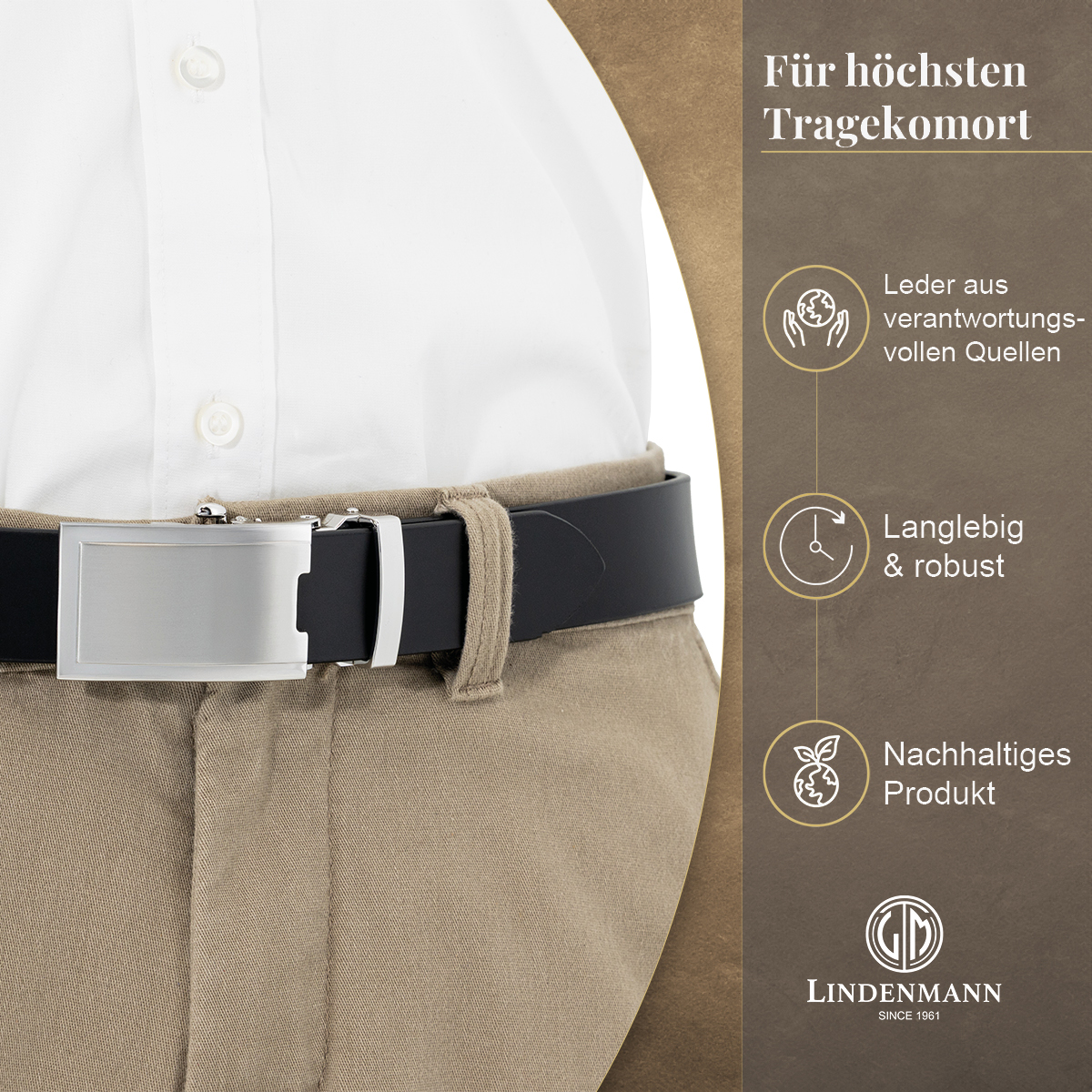 LINDENMANN eleganter Anzugautomatikgürtel für Herren aus 100% Vollrindleder in schwarz passend zu elegantem Stil
