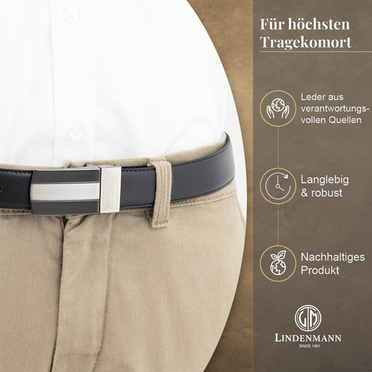 LINDENMANN Herrenwendegürtel mit Koppelschließe aus 100% Vollrindleder schwarz/dunkelbraun