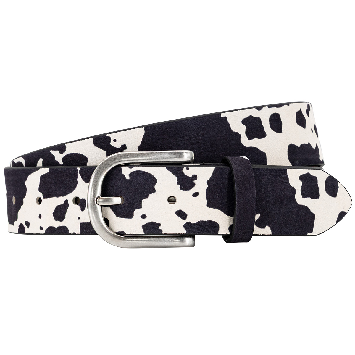 Gürtel, Leder, Tierfellmuster, Schwarz-Weiß, Metallnagle, LINDENMANN Damen Echtledergürtel schwarz weiß