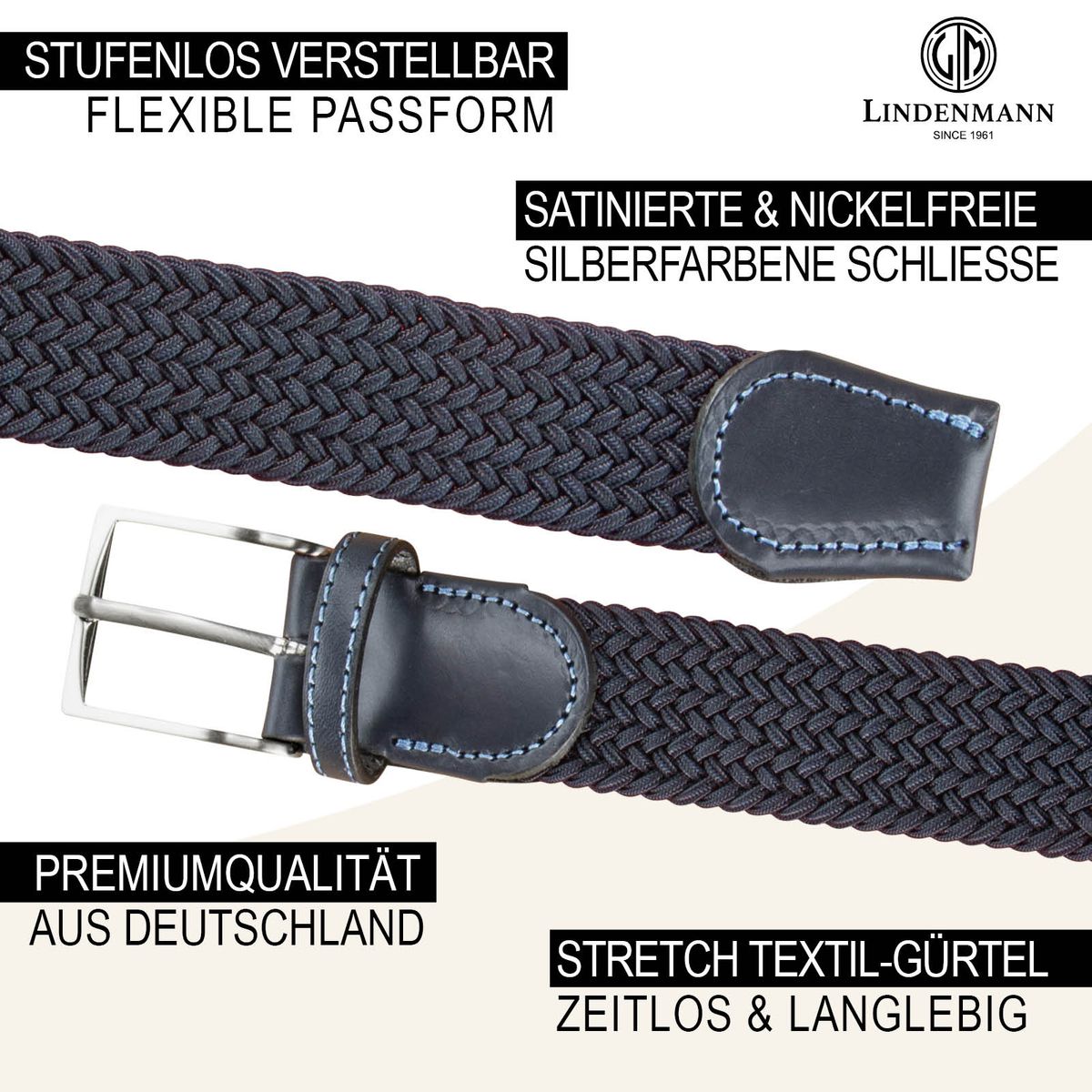 LINDENMANN Textil-Flechtgürtel Herren 35 mm schwarz blau