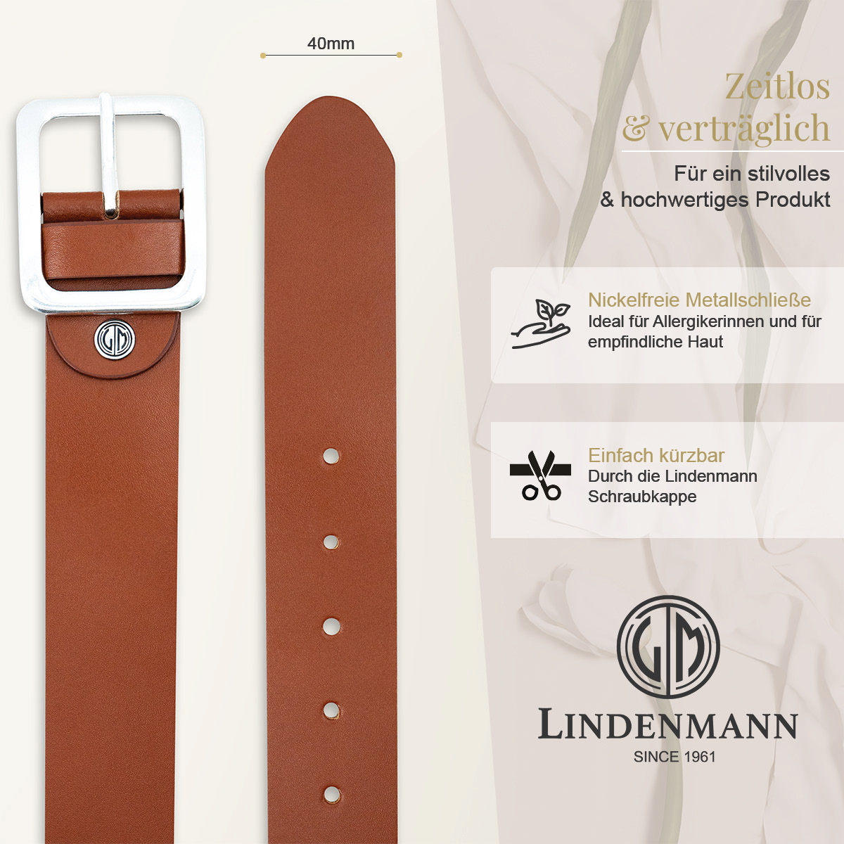 LINDENMANN Rindleder Damengürtel Cognac