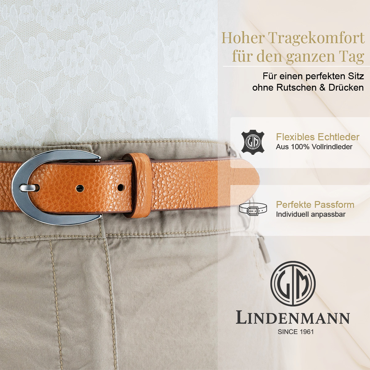 LINDENMANN Vollrindleder Damengürtel Cognac
