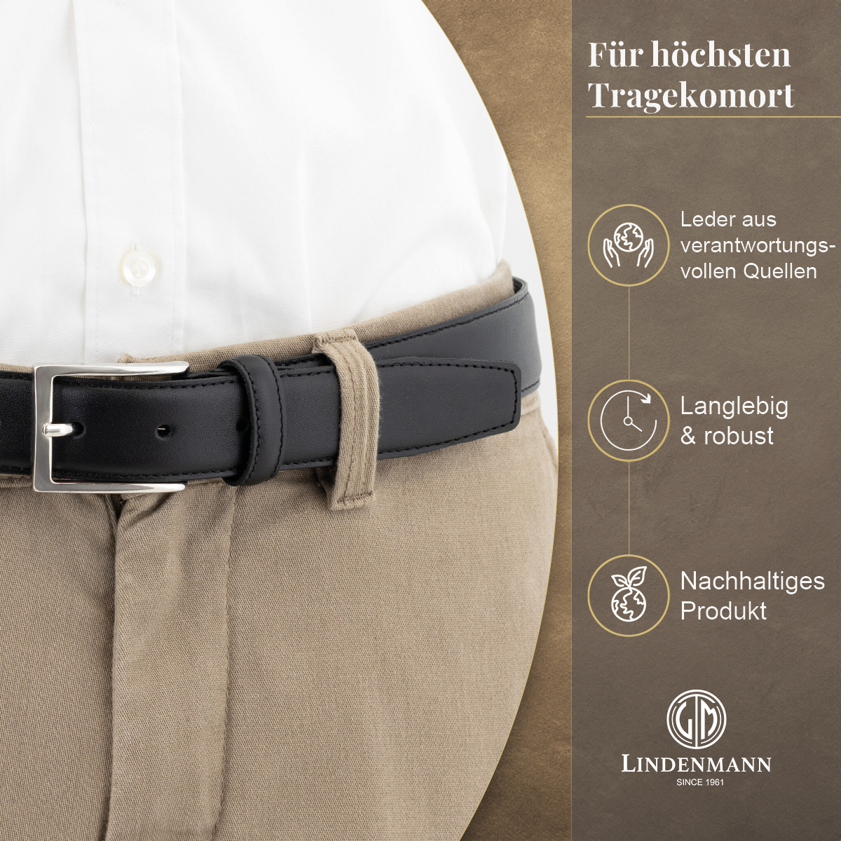 LINDENMANN Herrengürtel aus 100% Vollrindleder schwarz