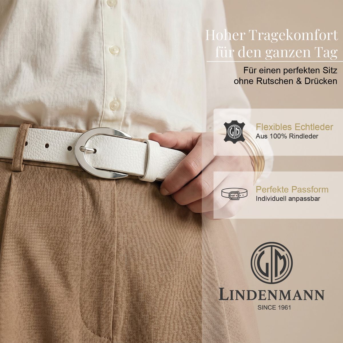 LINDENMANN Klassischer Damengürtel aus 100% Echtleder weiß