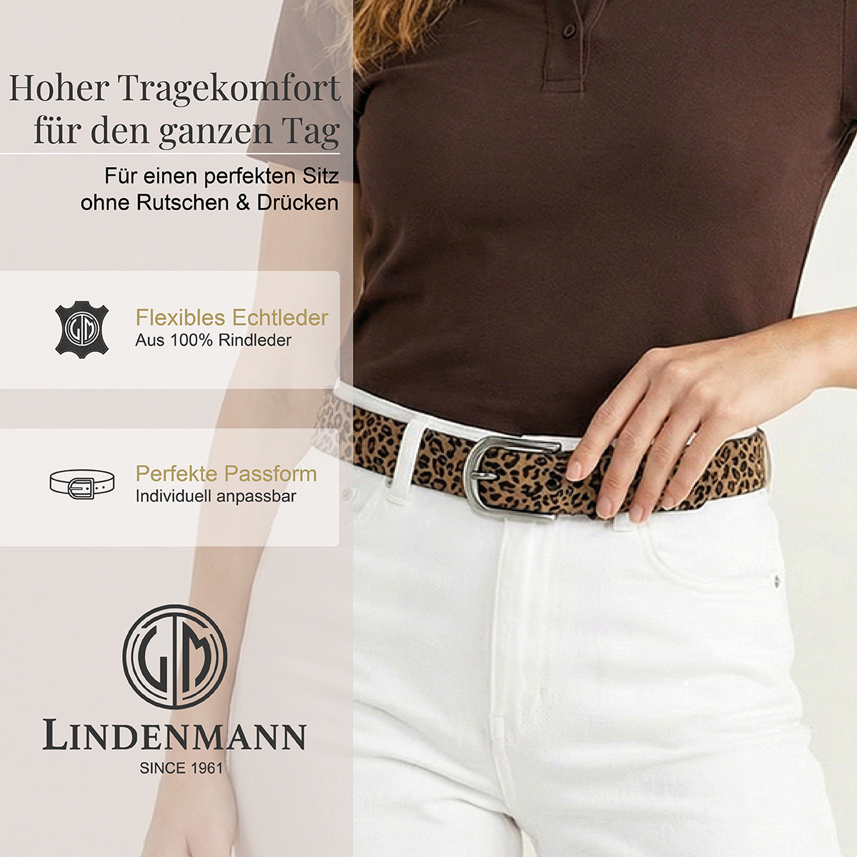 LINDENMANN Veloursleder Damengürtel Nussbraun mit Leopardprägung