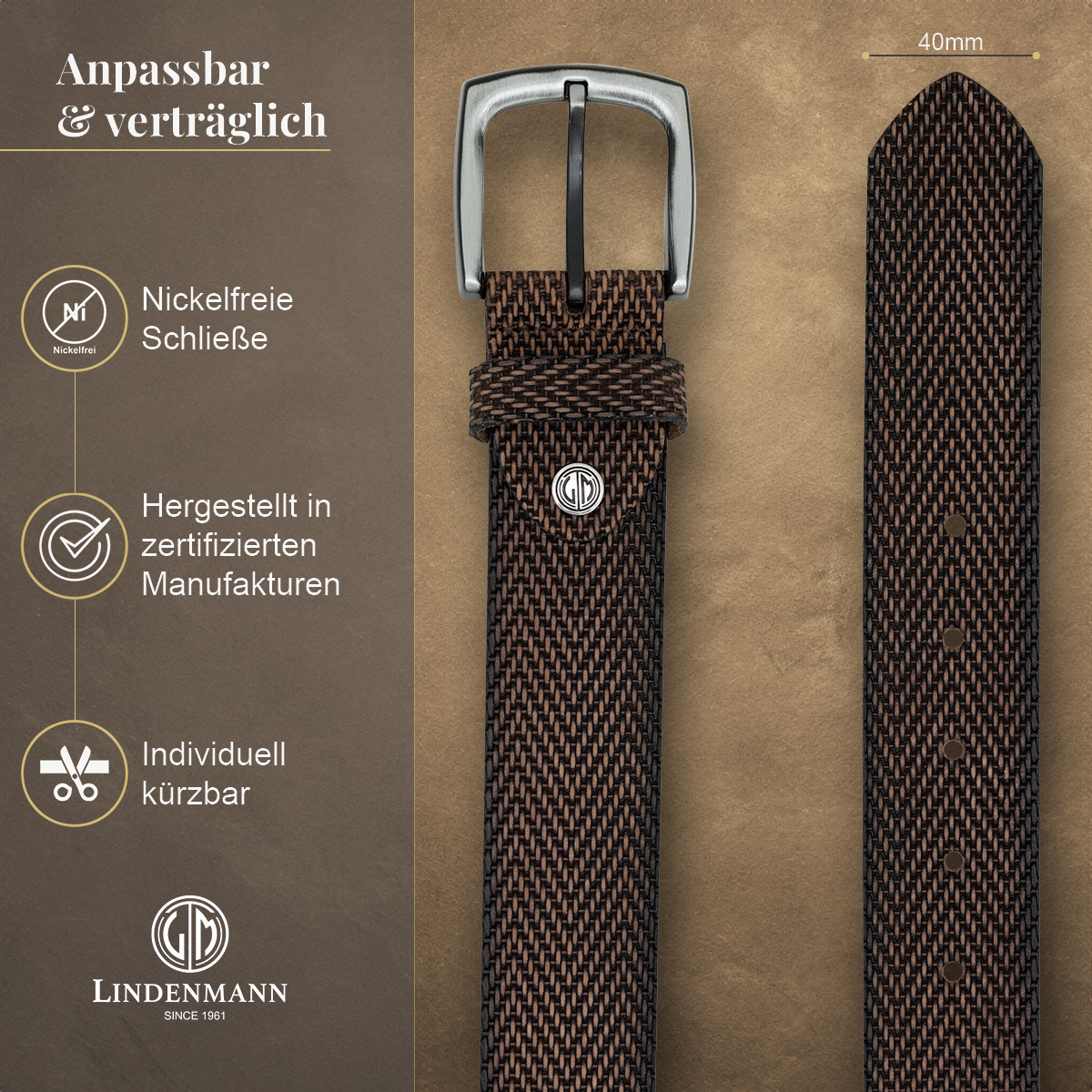 LINDENMANN Vollrindledergürtel Herren Nussbraun