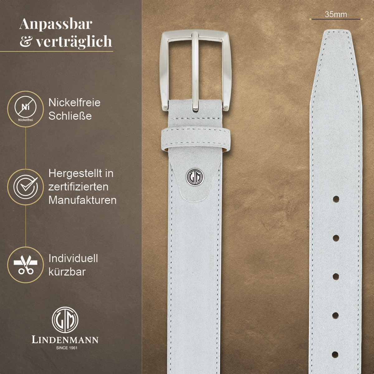 LINDENMANN Herrengürtel Veloursleder Elfenbein