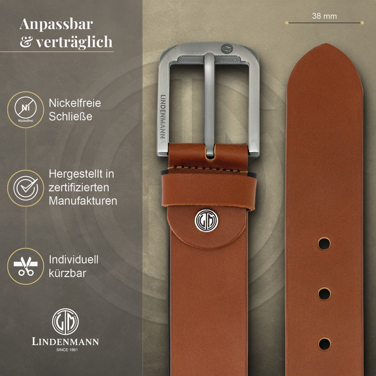 LINDENMANN Ledergürtel Jeans Herren cognac