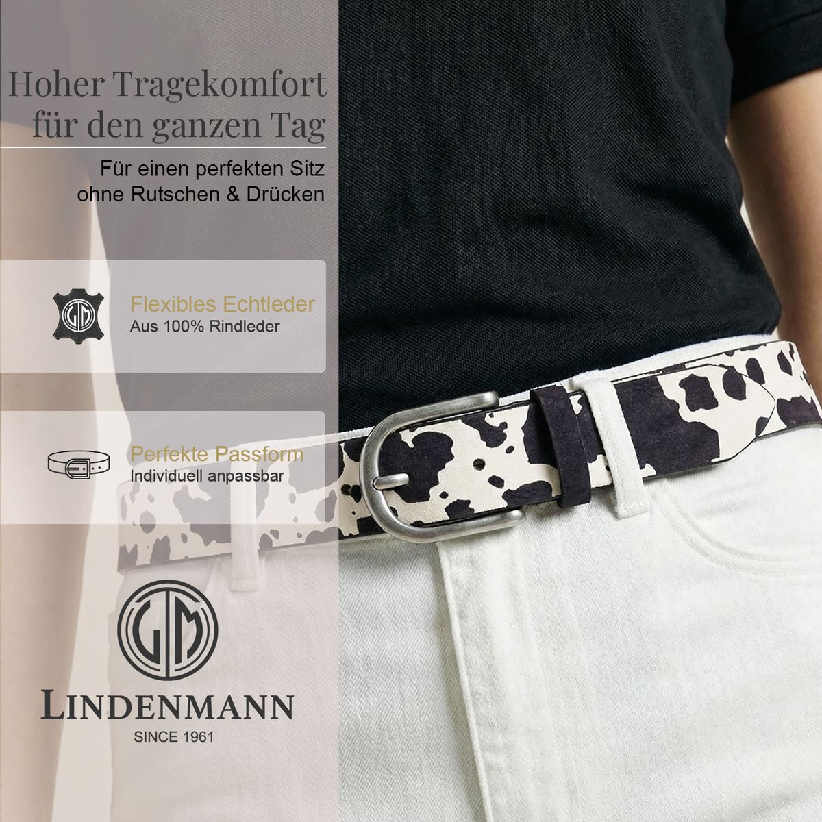 LINDENMANN Animal-Print Damengürtel aus 100% Echtleder schwarz-weiß