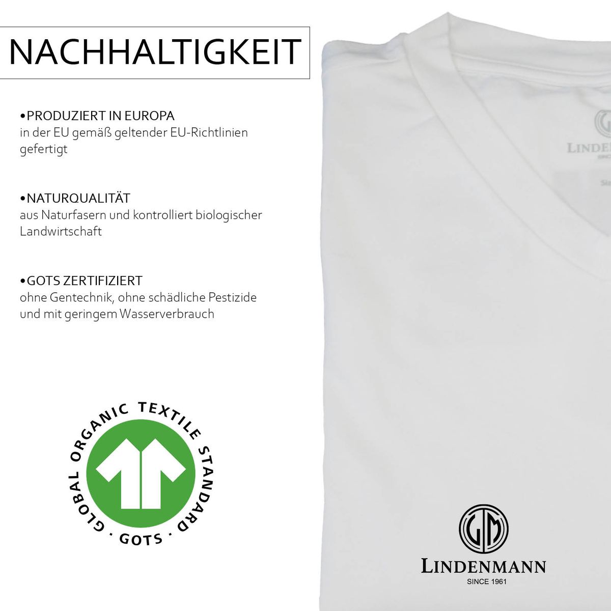 LINDENMANN T-Shirt Herren slim fit kurzarm weiss V-Ausschnitt Bio Baumwolle Made in EU