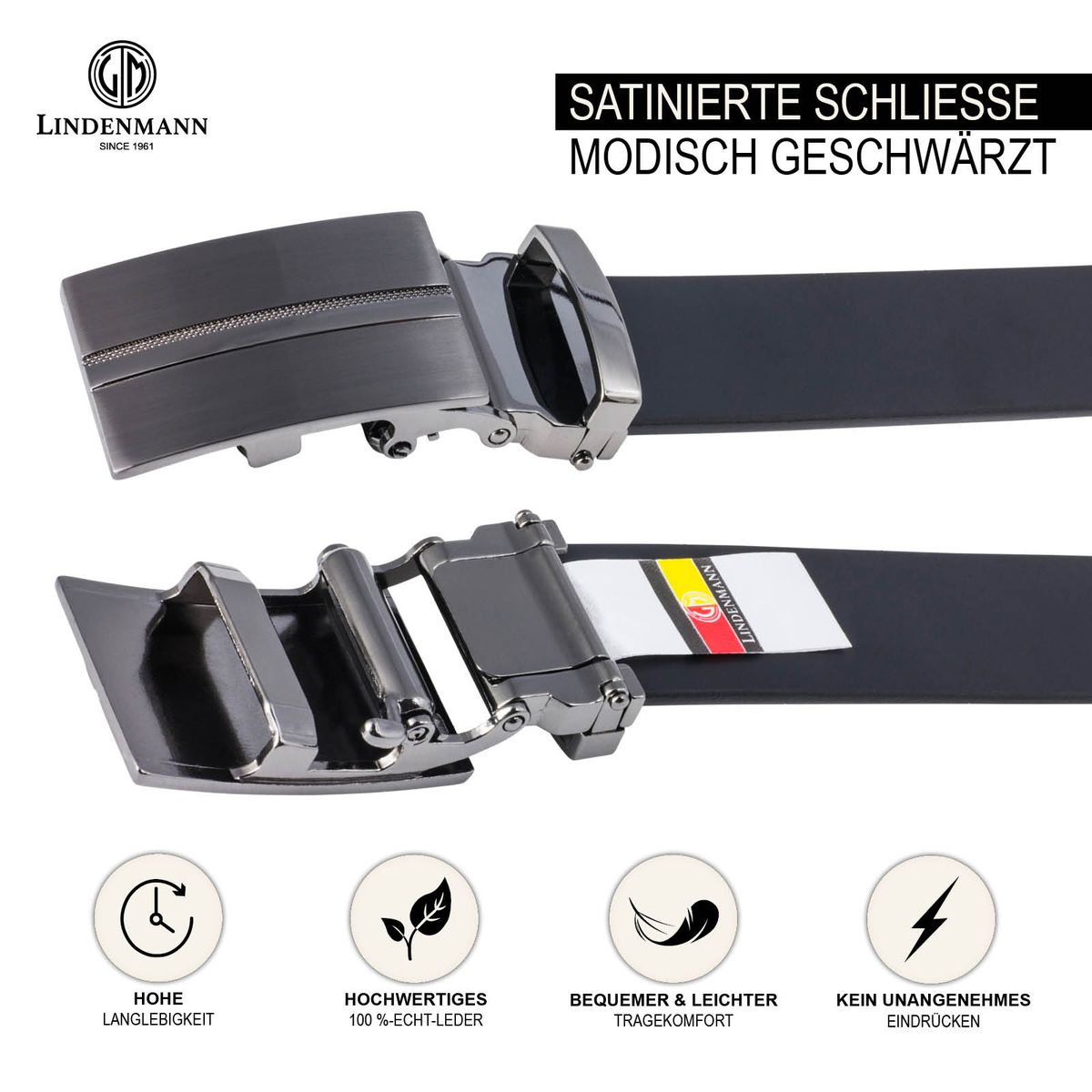 LINDENMANN Ledergürtel Herren, schwarz 33 mm Leder Automatikgürtel