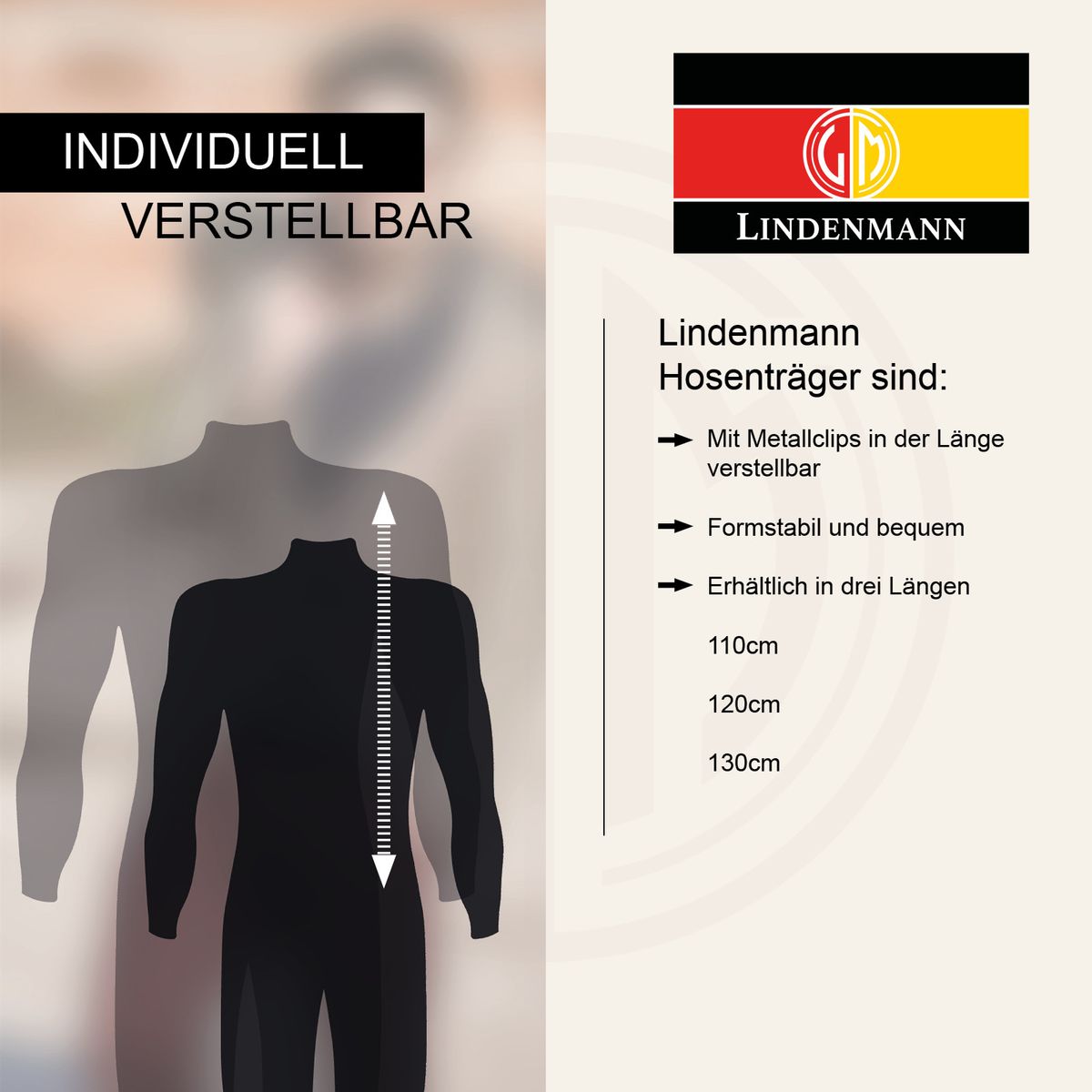 LINDENMANN Hosenträger Herren grau X-Form elastisch und längenverstellbar Made in Germany