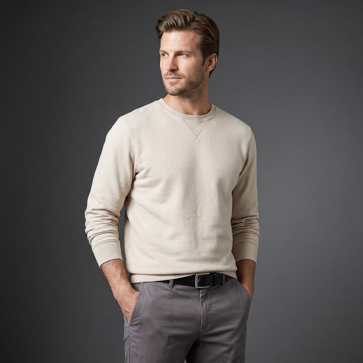 Pullover, Beige, Sweatshirt, Langarm, Casual, LINDENMANN Vollrindledergürtel Herren Tiefschwarz