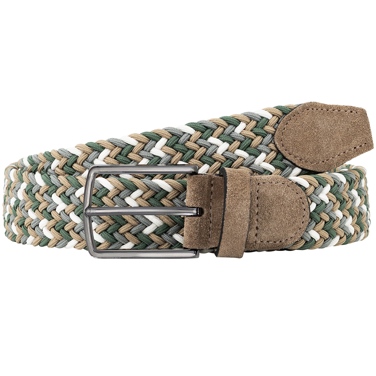 Gürtel, Geflochten, Kautschuk?, Lederakzente, Mehrfarbig, LINDENMANN Herren Flechtgürtel mit Echtleder an den Enden mehrfarbig: taupe, olivgrün, weiß