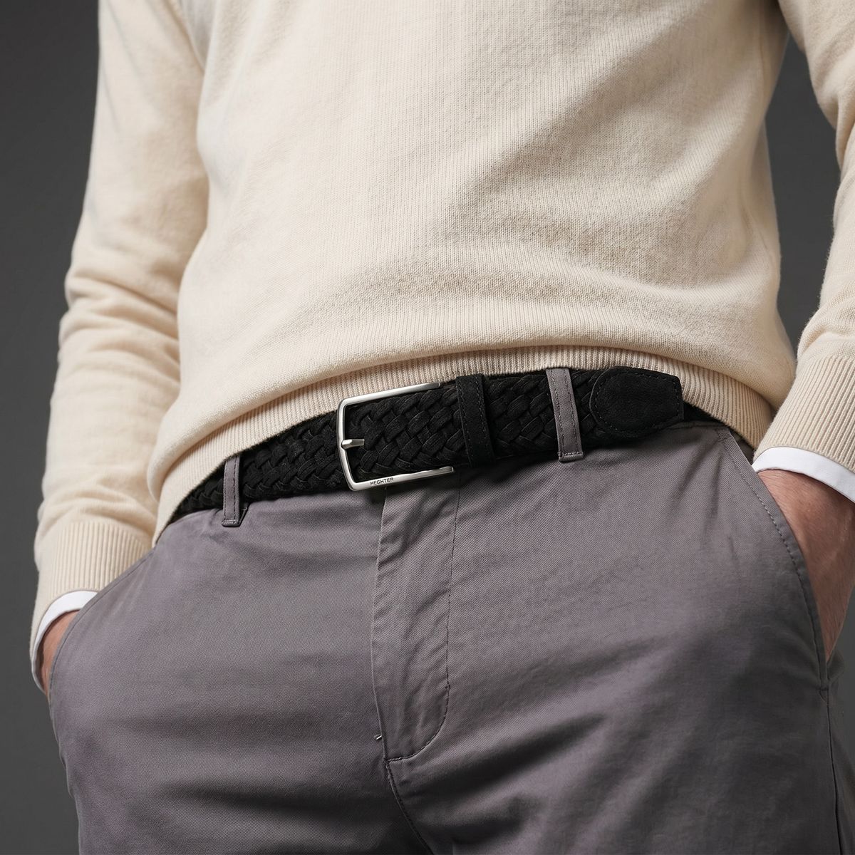 pull-shoulder, lose-knit, beige-sweater, black-braided-belt, gray-trousers, HECHTER Paris Herren Veloursleder-Flechtgürtel aus 100% Echtleder schwarz