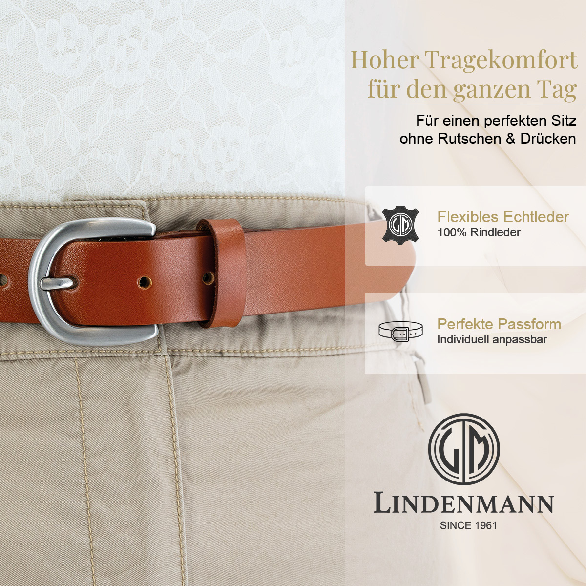 Ledergürtel, Braun, Gürtelbreite, Rindleder, Metallschnalle, LINDENMANN Rindledergürtel Damen Cognac