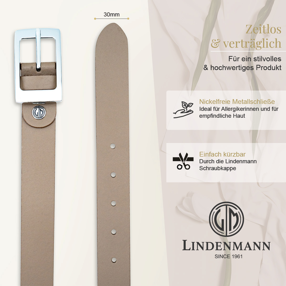 braun, leder, Gürtel, Metall-Schnalle, 30mm Breite, LINDENMANN Rindledergürtel Damen Taupe