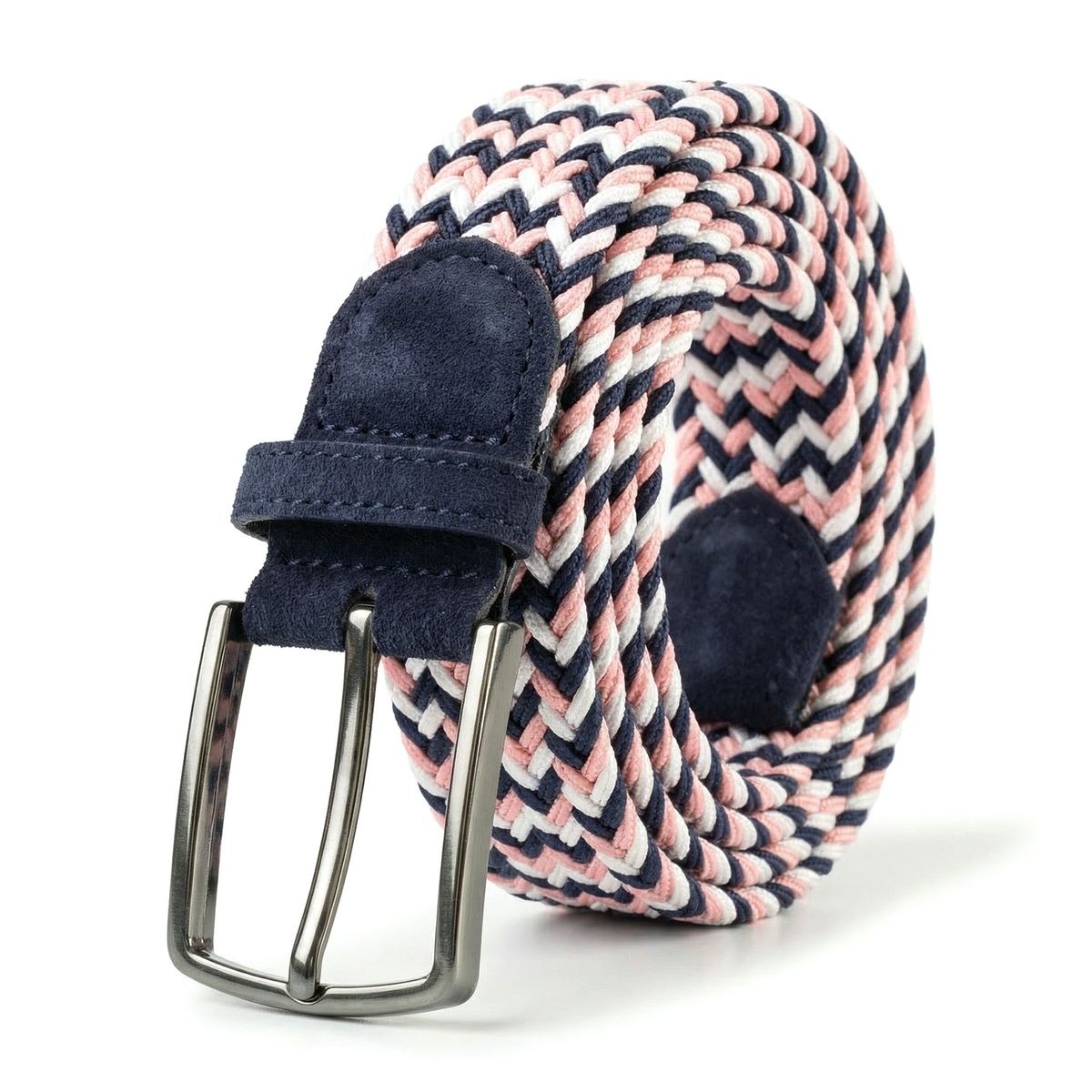 LINDENMANN Herren Flechtgürtel mit Enden aus 100% echtem Veloursleder lachs-marine-weiss