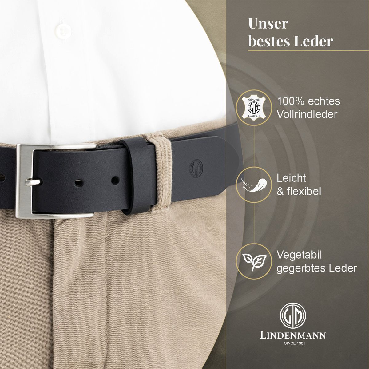 LINDENMANN Herren Jeansgürtel Echtleder schwarz