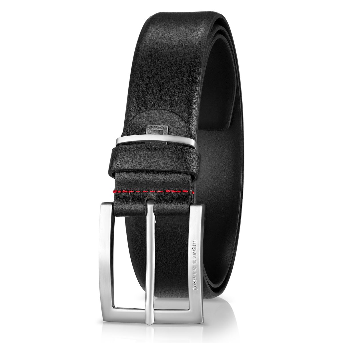 Gürtel, Schwarz, Leder, Metall Schnalle, Nähte in Rot, Pierre Cardin Herren-Leder-Gürtel schwarz