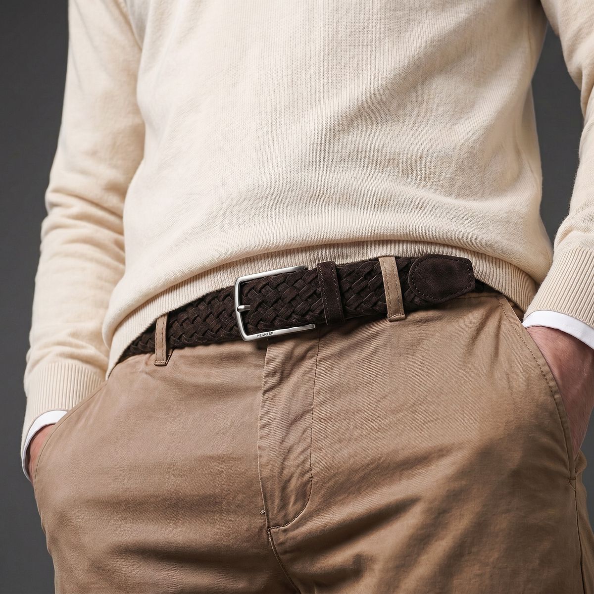 Gürtel, Kordel, Leder, braun, Taillenhöhe, HECHTER Paris Herren Veloursleder-Flechtgürtel aus 100% Echtleder dunkelbraun
