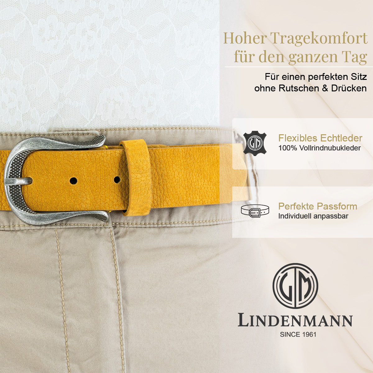 LINDENMANN Nubuk Vollrindleder Damengürtel Gelb