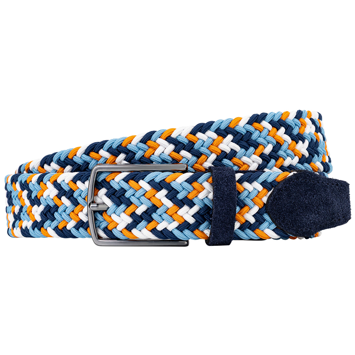 Gürtel, geflochten, Stoffgürtel, Blaue Töne, orange-weiß-blau, LINDENMANN Herren Flechtgürtel mit Echtleder an den Enden mehrfarbig: marine, jeansblau, orange