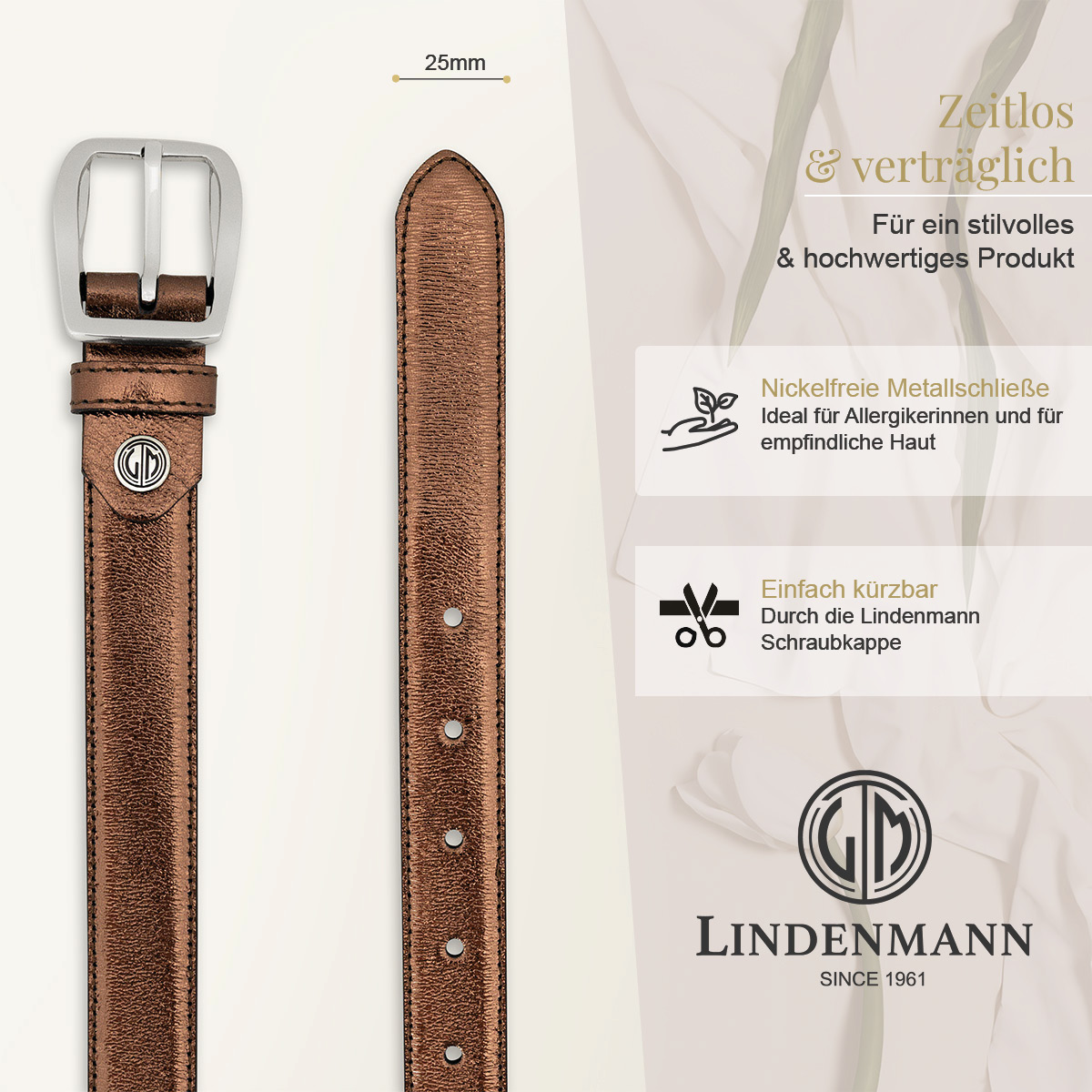 LINDENMANN Rindleder Damengürtel Braun Metallic