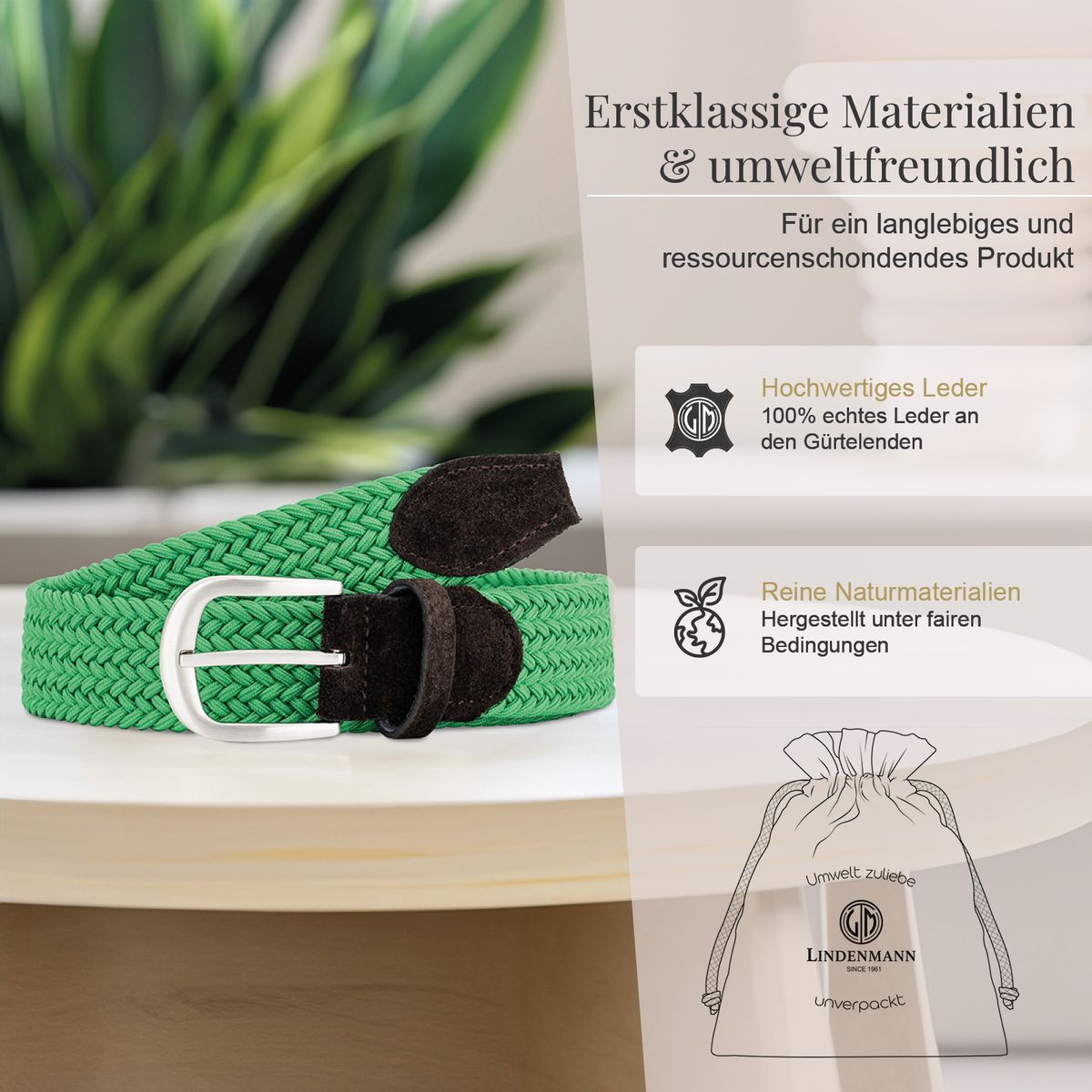 Gürtel, Leder, Grün, geflochten, Knopfverschluss, LINDENMANN Damen Flechtgürtel mit 100% echtem Rindleder an den Enden grün