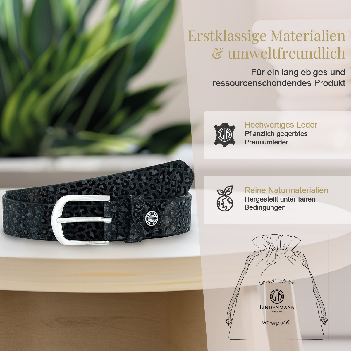 LINDENMANN Rindleder Damengürtel Schwarz mit Leopardmuster