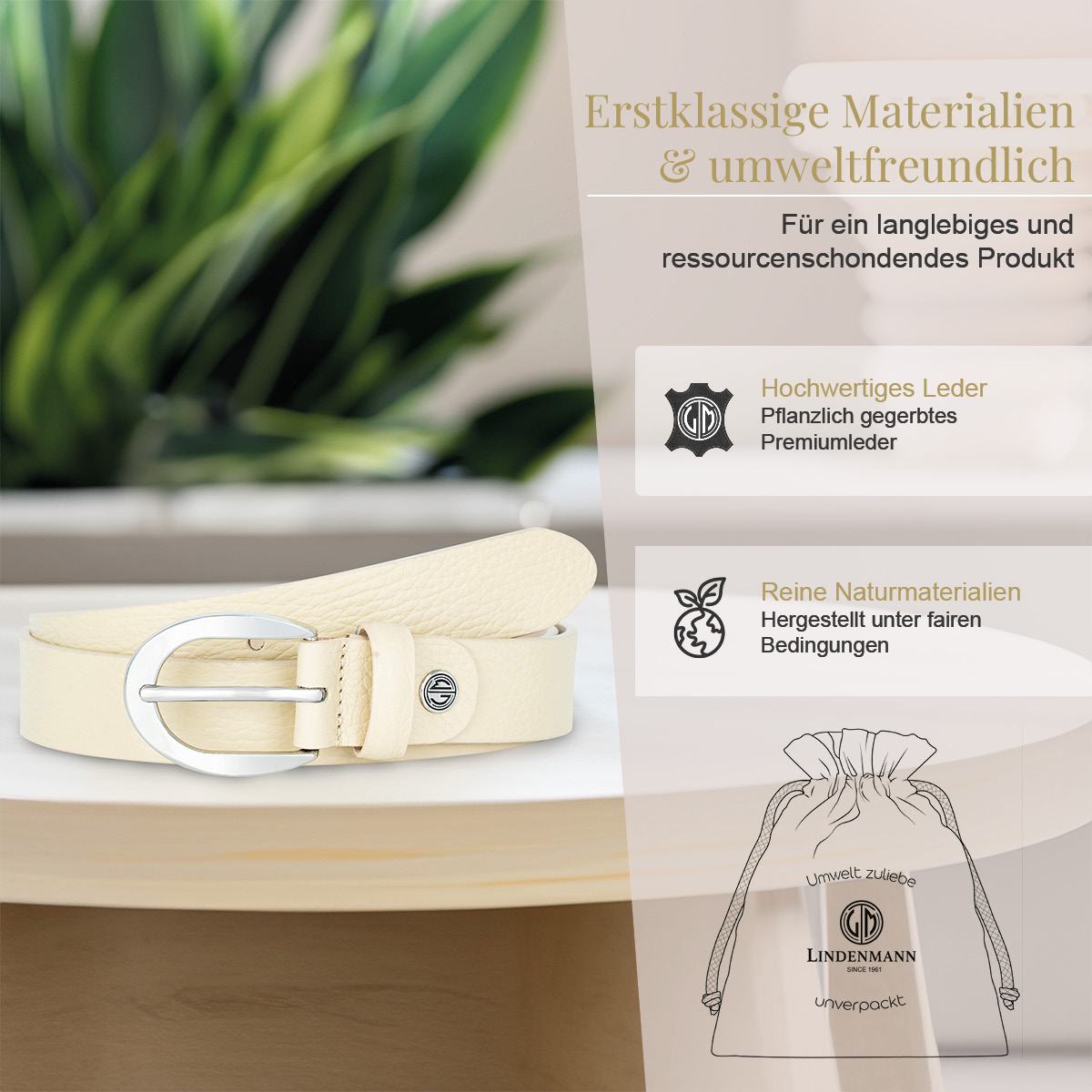 LINDENMANN Vollrindleder Damengürtel Cremebeige