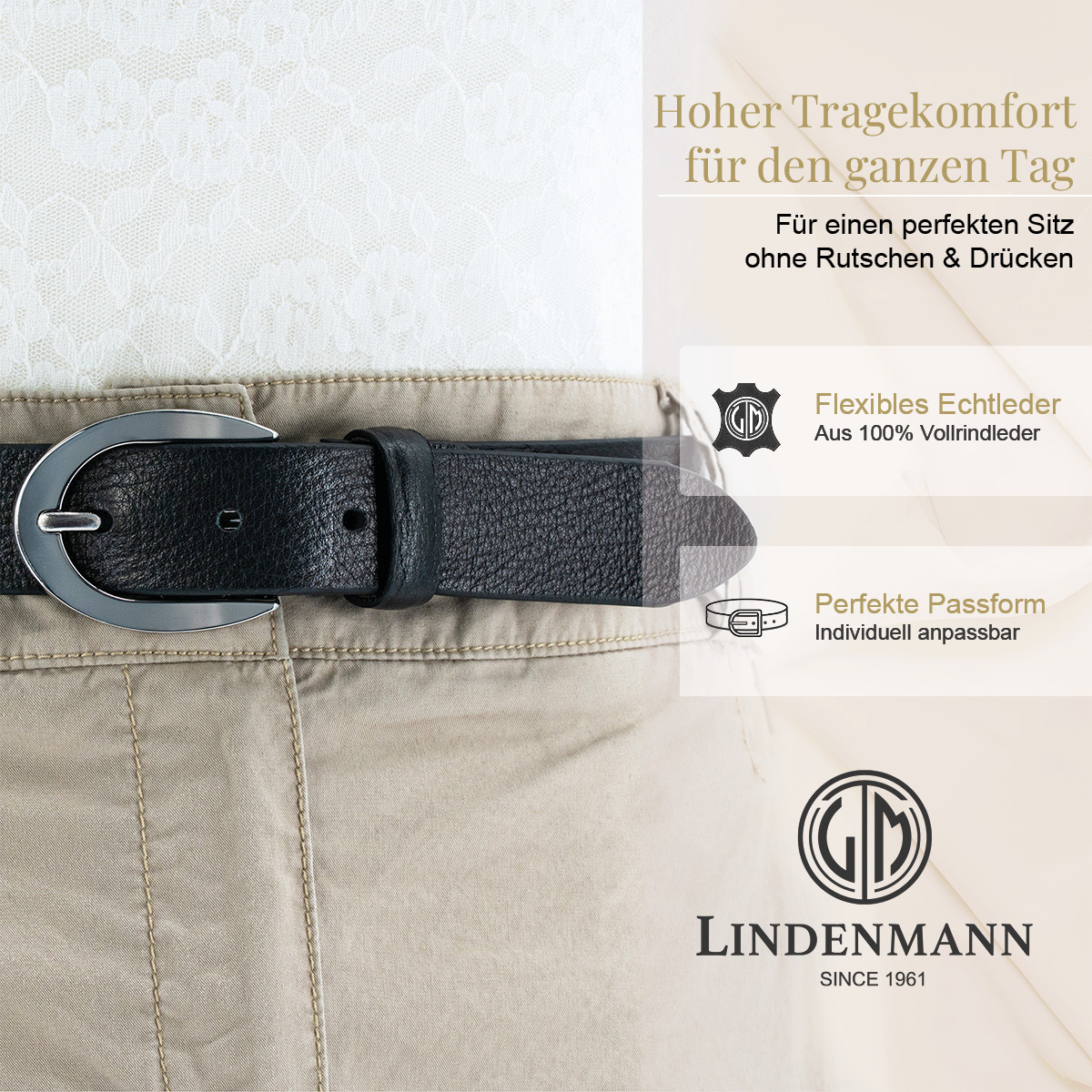 LINDENMANN Vollrindleder Damengürtel Tiefschwarz