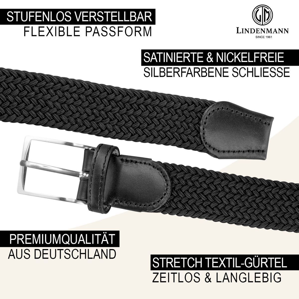 LINDENMANN Textil-Flechtgürtel Herren 35 mm schwarz