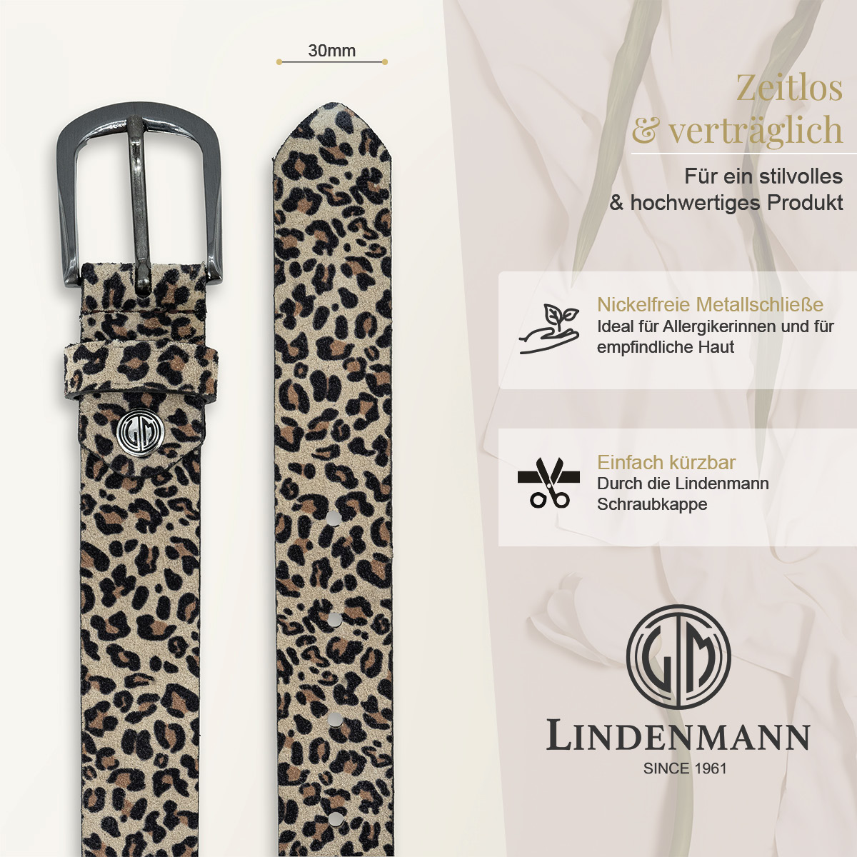 LINDENMANN Veloursleder Damengürtel Creme-Beige mit Leopardprägung