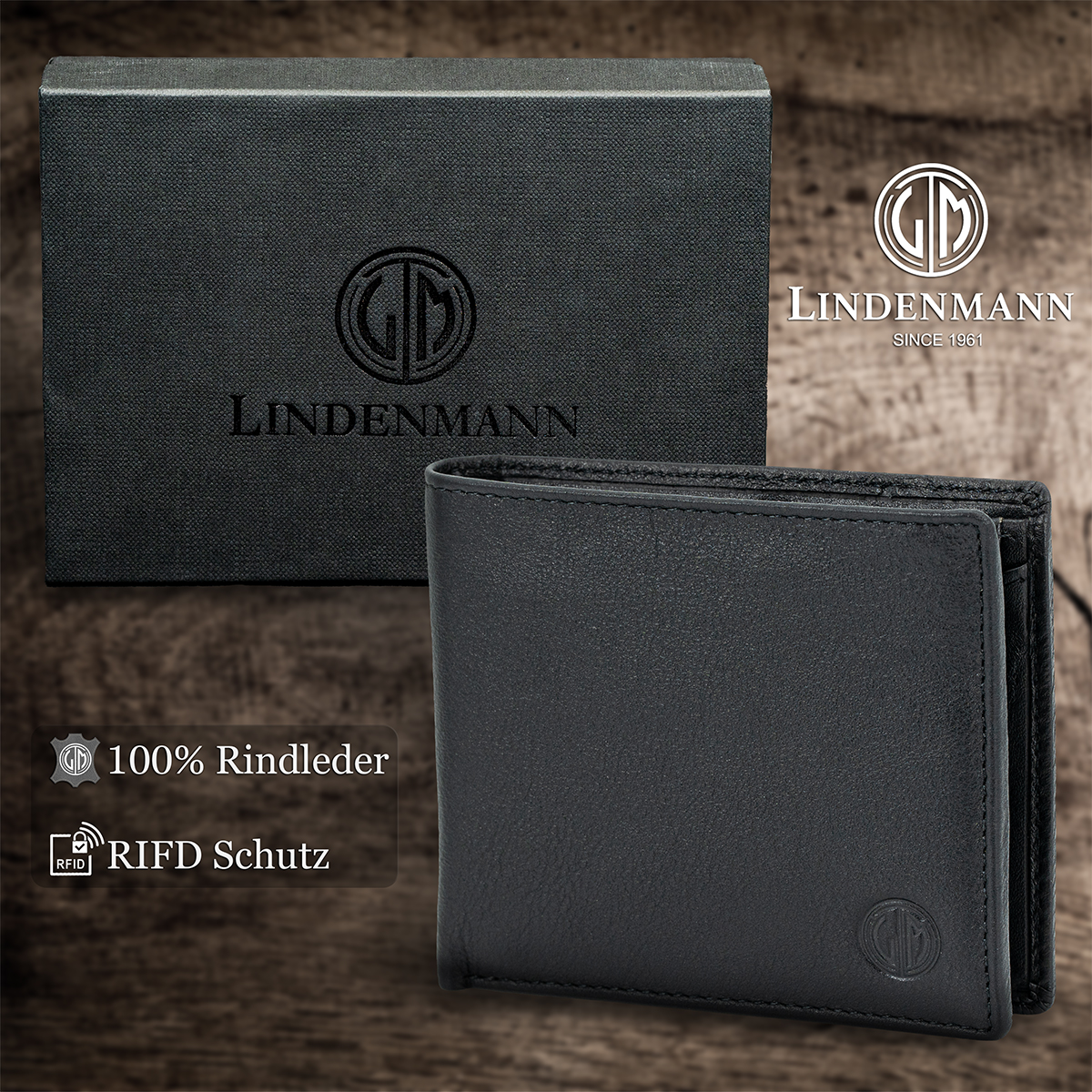 LINDENMANN Herren Leder Portemonnaie schwarz