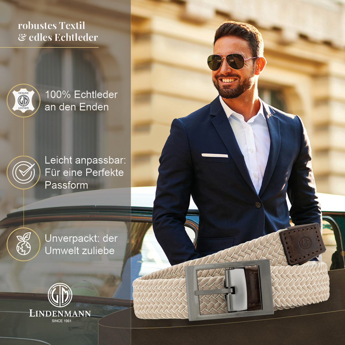LINDENMANN Textilflechtgürtel Herrengürtel Creme-Beige