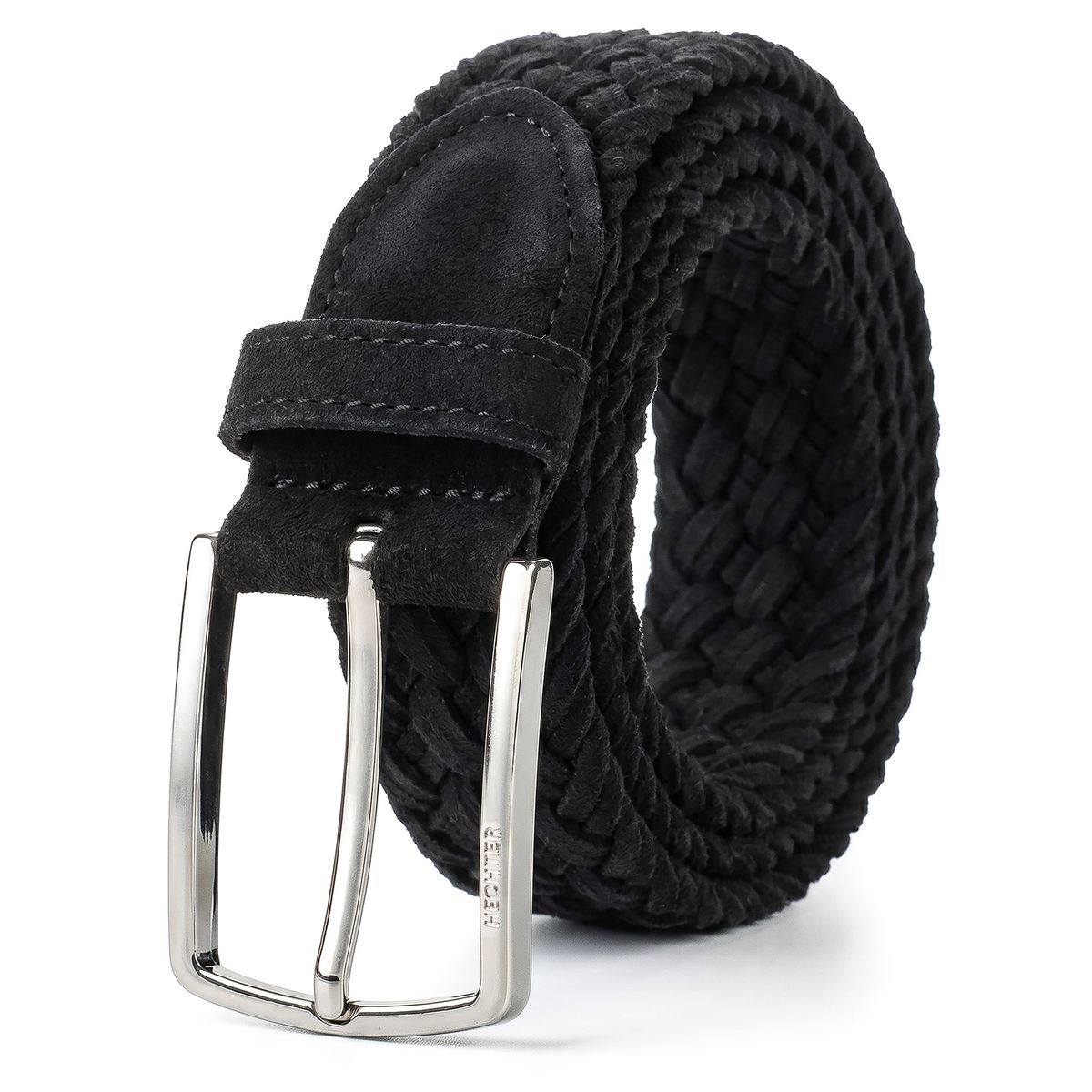 Gürtel, Schwarz, Ledergürtel, geflochten, Metall-Schnalle, HECHTER Paris Herren Veloursleder-Flechtgürtel aus 100% Echtleder schwarz