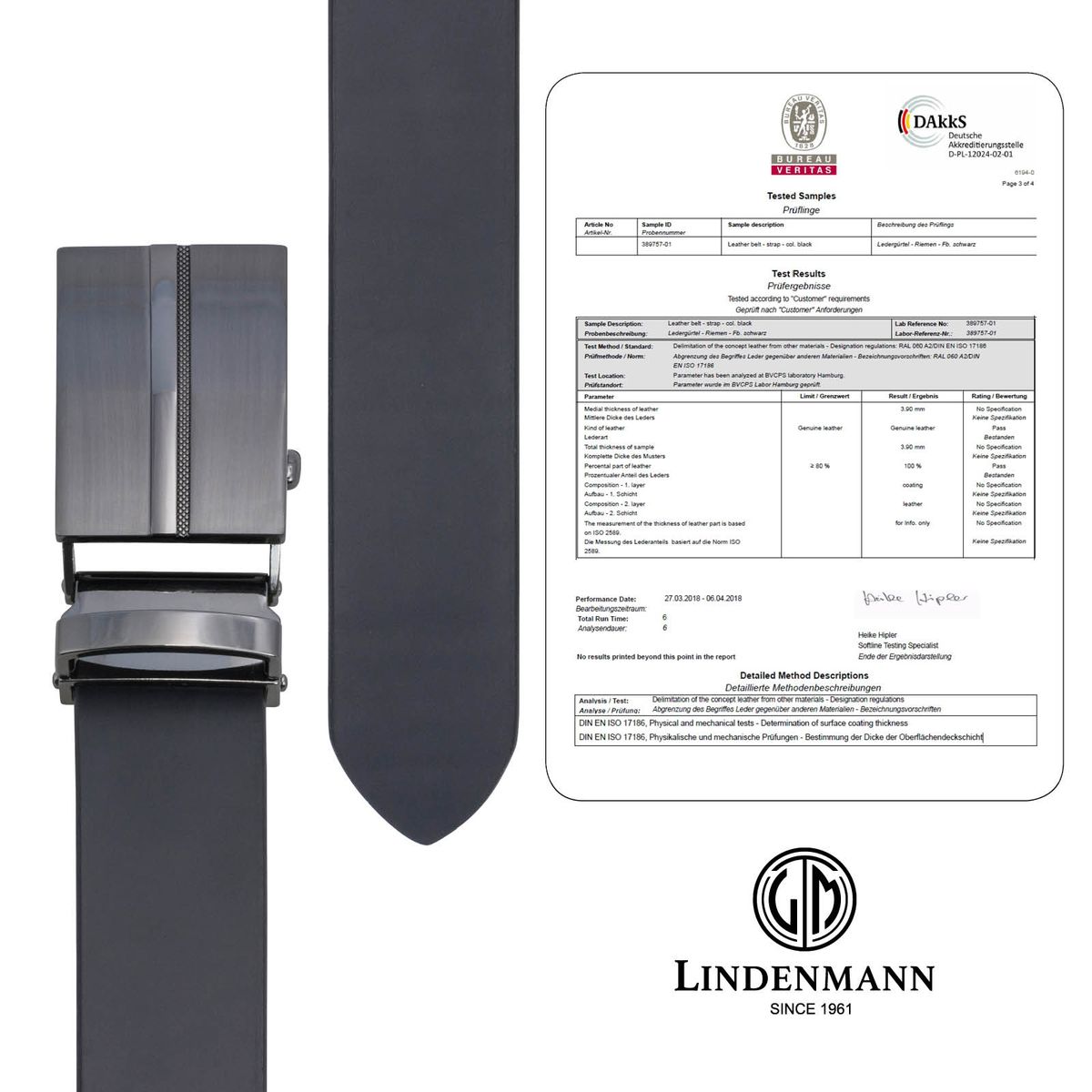 LINDENMANN Ledergürtel Herren, schwarz 33 mm Leder Automatikgürtel