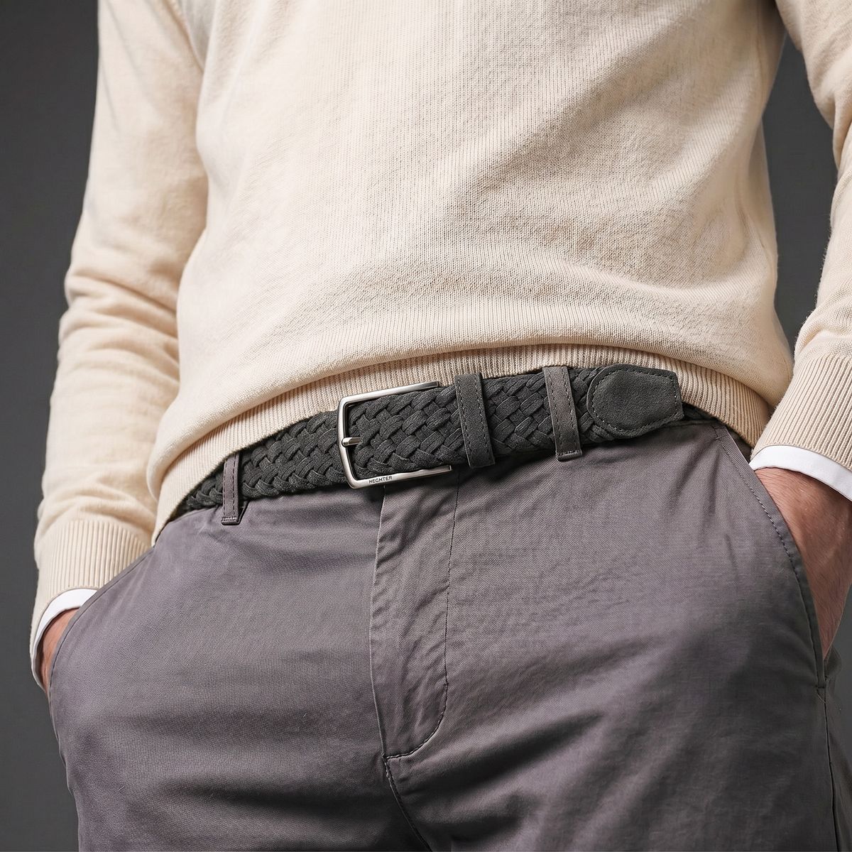 Gürtel, Braun, geflochten, Kunstleder, Hose, HECHTER Paris Herren Veloursleder-Flechtgürtel aus 100% Echtleder grau
