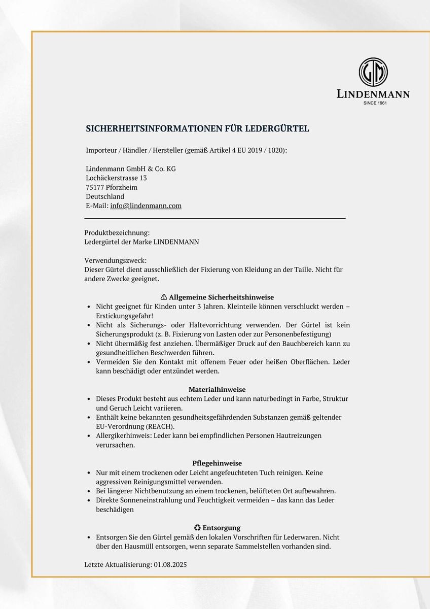 LINDENMANN Ledergürtel Sicherheitsinformationen