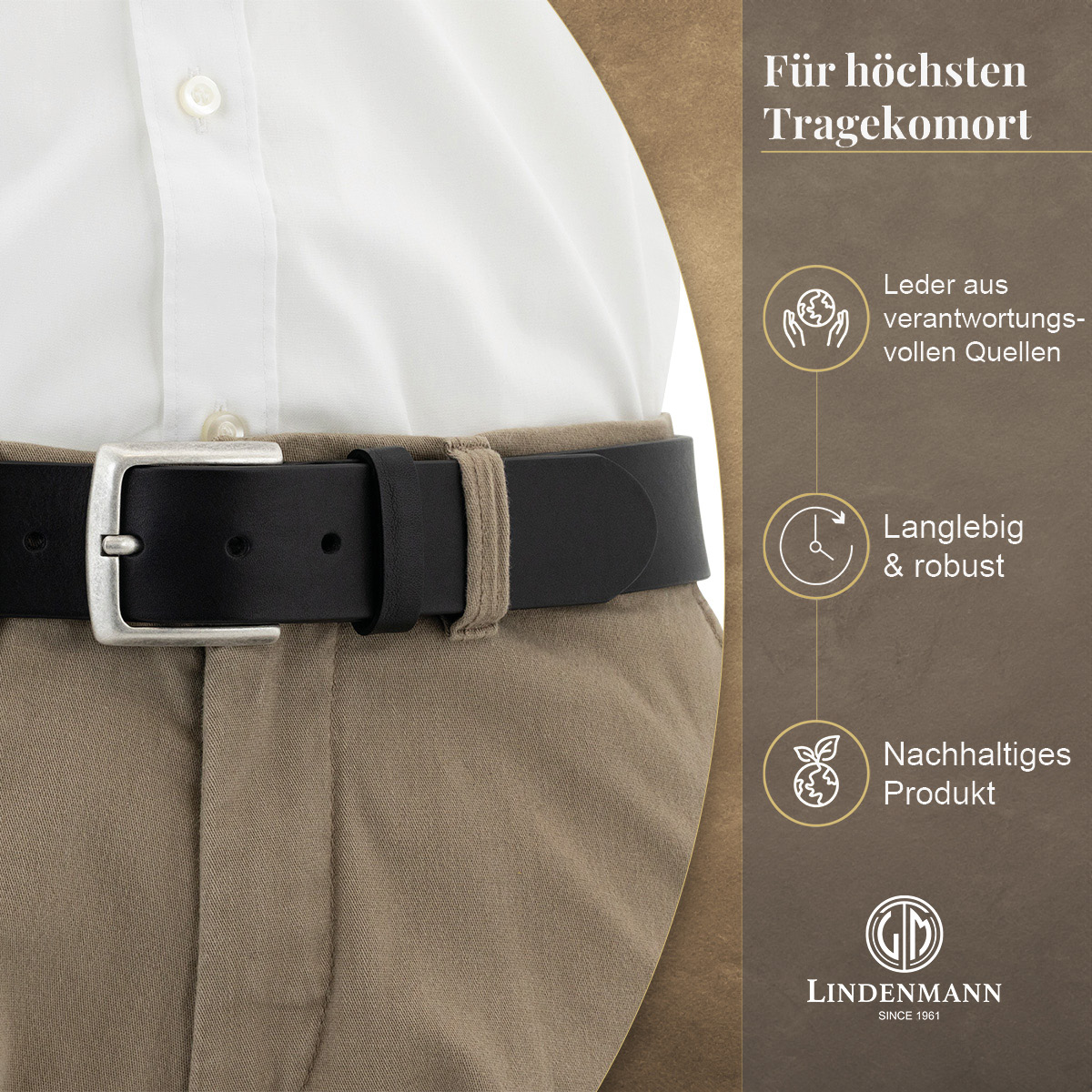 LINDENMANN Vollrindledergürtel Herren Tiefschwarz