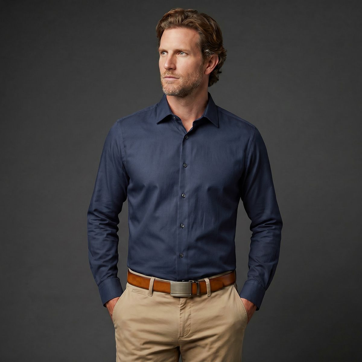 Hemd, Langarm, Navy, Knopfleiste, Chino, LINDENMANN Herren Automatikgürtel Echleder cognac
