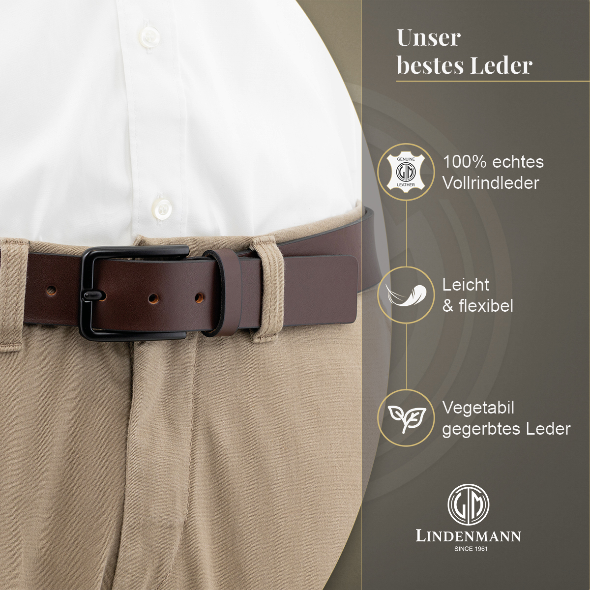 LINDENMANN Herren Jeansgürtel Echtleder dunkelbraun