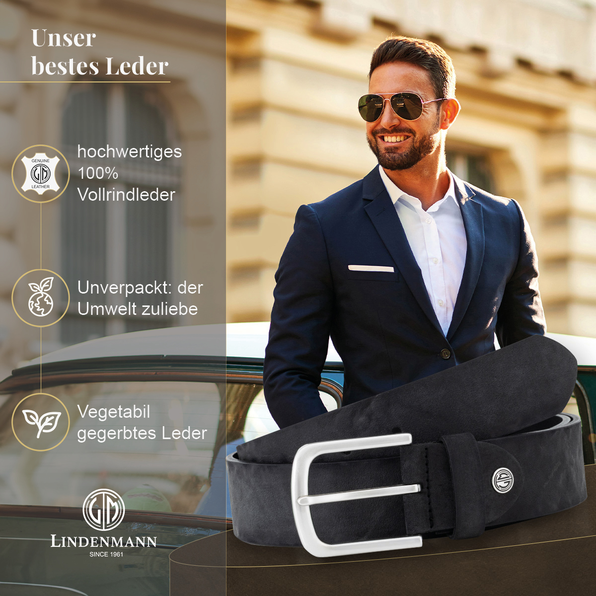 LINDENMANN Herrengürtel aus 100% Vollrindleder schwarz