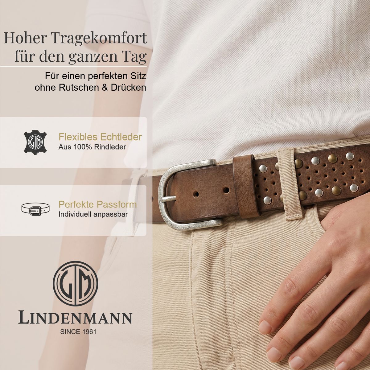 LINDENMANN Klassischer Damengürtel aus 100% Echtleder mit Nieten-Design mittelbraun