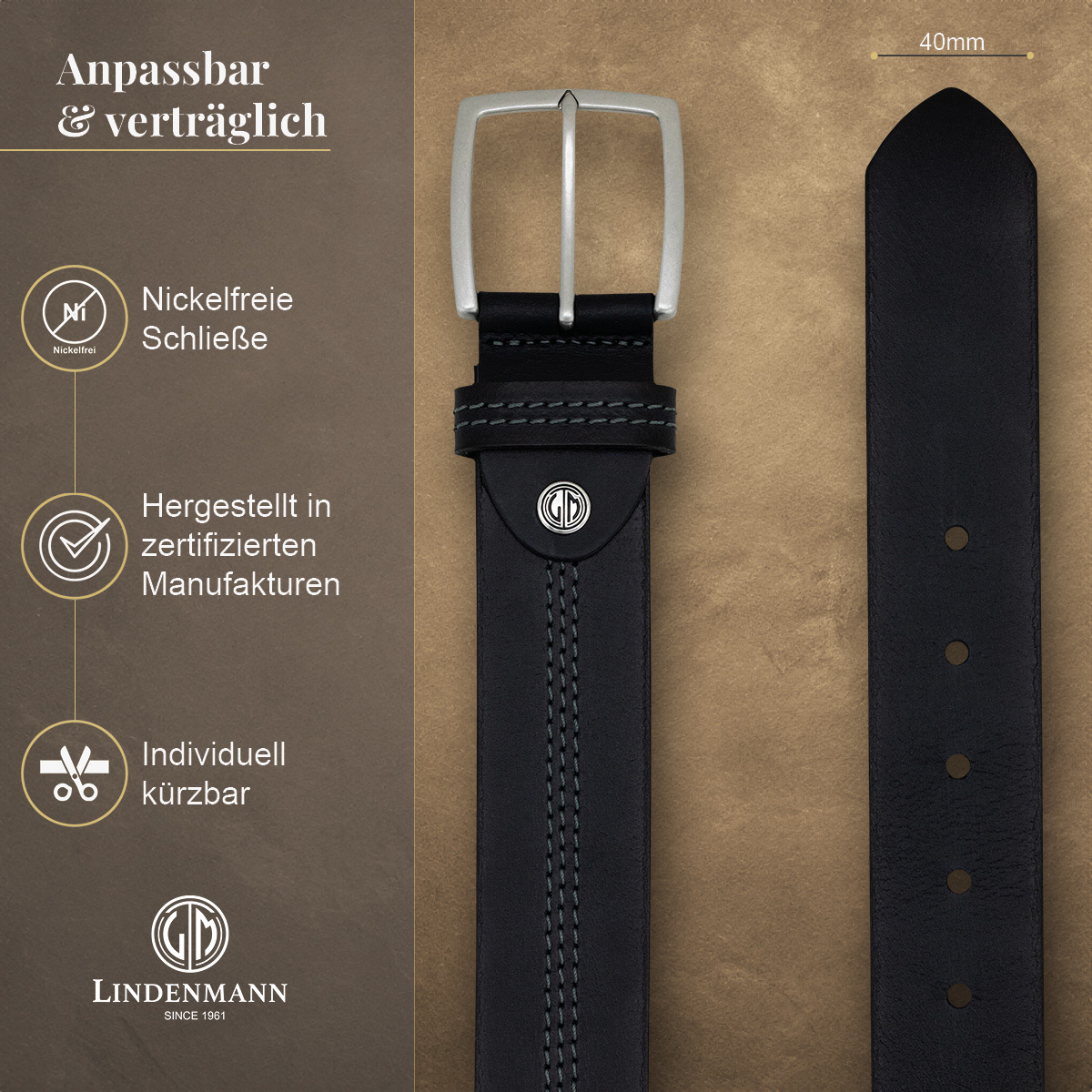 LINDENMANN Vollrindledergürtel Herren Tiefschwarz