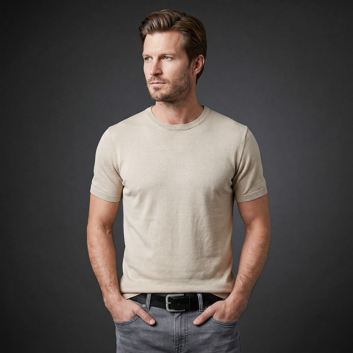 T-Shirt, Beige, Kurzarm, Kleidung, Kleidung, LINDENMANN Vollrindledergürtel Herren Tiefschwarz