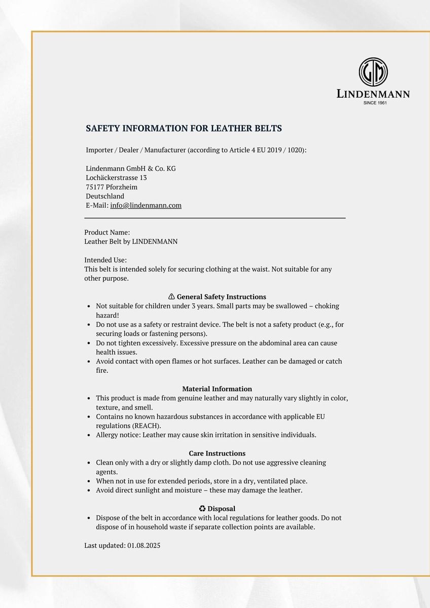 LINDENMANN Ledergürtel Sicherheitsinformationen