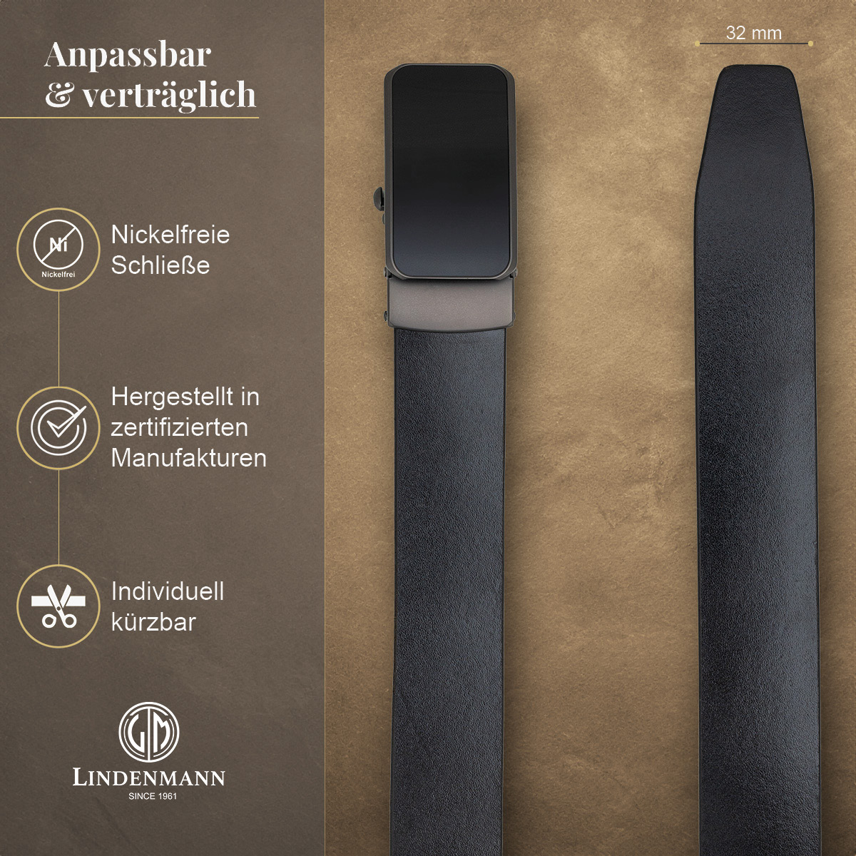 LINDENMANN Vollrindleder Herrenautomatikgürtel Onyx